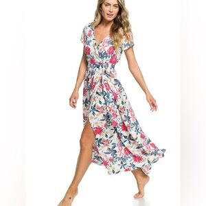 Roxy District Nights Floral Tropical Short Sleeve Maxi Wrap Dress Size 10